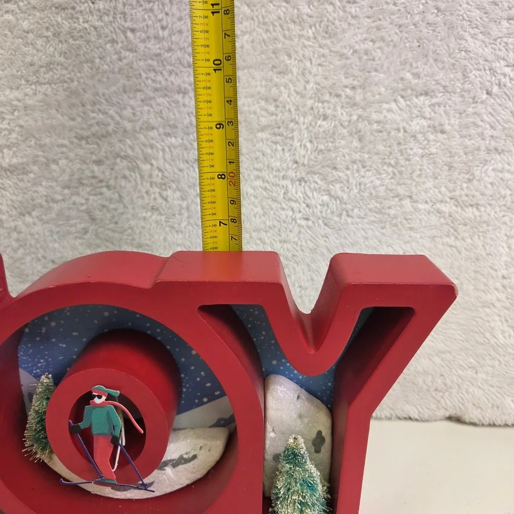 Allen + Roth Red Wood JOY Tabletop Christmas Decoration Skier Winter Scene